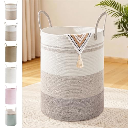 Image of 72L Large Tall Cotton Rope Laundry Basket with Handles, Brown Striped