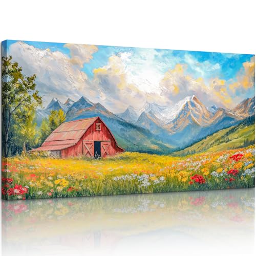 crmotu Mountain Barn Large Wall Art, Rustic Farmhouse Wall Decor, Nature Landscape Art Prints, Colorful Wildflowers Canvas Paintings, Bright Pictures for Living Room Bedroom Kitchen 20x40 Inch