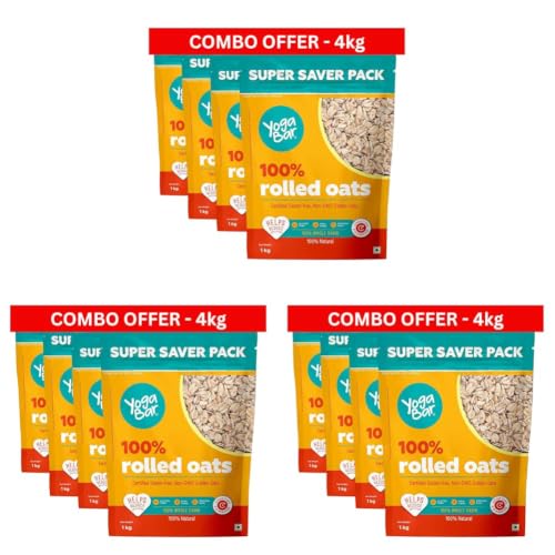 Image of Yogabar Golden Jumbo Rolled Oats 4kg (1kg Pouch, Pack of 12) - Gluten-Free Oats with High Fibre - No Powder