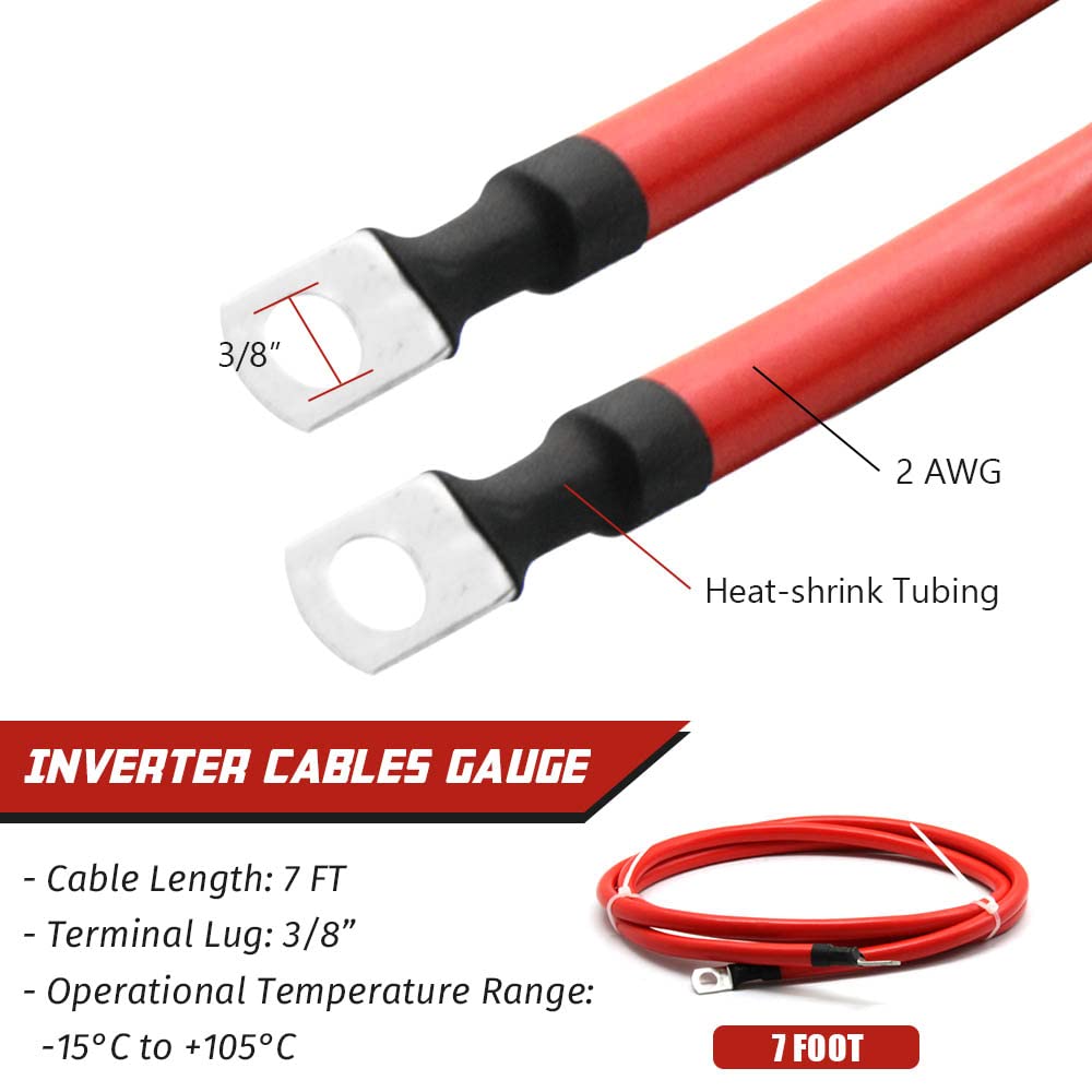 Cavo per batteria da 2 AWG, 2 gauge, con alette da 1 cm su entrambe le estremità, set di cavi inverter di potenza per auto, barche, camper, auto, moto, rosso e nero (2,8 m)