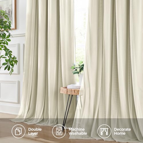 Image of 100% Blackout Curtains for Bedroom, Double Layer Beige Curtains, Black Out Curtain 108 inch long With Sheer Overlay for Living Room, Room Darkening Window Drapes with Grommet, 52 inchW x 108 inchL
