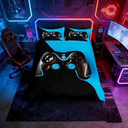 Gamepad - Juego de Funda de edredón de Videojuegos,Color Negro Azul 135 x 200 cm