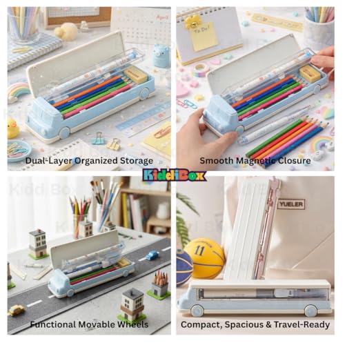 Image of KiddiBox Magnetic Pencil Box, Bus Themed Luxury Pencil Case for Kids - Stationary Organizer Pencil Box for Girls, Boys, Pencil Box for Boy & Girl, Magnetic, Return Gift for Kid Pink (Pack of 1)