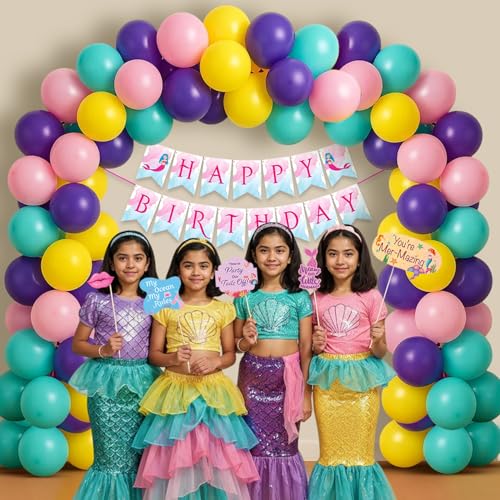 Image of Party Propz Mermaid Theme Birthday Decoration Kit for Girls - 60 Pcs, Happy Birthday Banner, 40 Balloons, Mermaid Shell Banner, Photo Props & Glue Sheet (Cardstock,Latex)