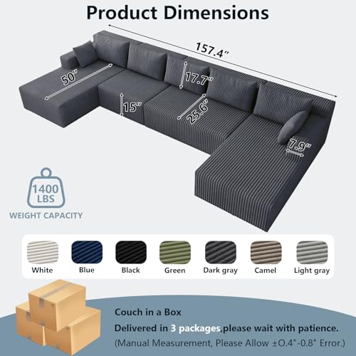 Image of 160 inch W Cloud Sectional Couch,Modern U-Shaped Cloud Couch with Deep Seat,Comfy Corduroy Sofa,Memory Foam Sofa for Living Room,No Assembly (Dark Grey)