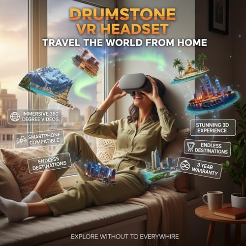 Image of Drumstone Universal Virtual Reality Headset for Smartphones - Adjustable 3D VR Glasses with Immersive HD Lenses - Mobile Gaming and Cinematic Movie Viewer for All Mobile Devices