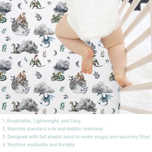 Image of Watercolor Dragons Fairytale Baby Crib Sheets - 52''x28'' Dragon Wings Leaves Moon Clouds Stretchy Fitted Mattress Cover for Boy & Girl - Soft Nursery Bed Sheets for Standard & Toddler Mattress