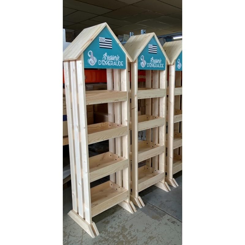 Présentoir Bois Cabane – Presentoir Magasin avec 4 Caisses Elite en Pin Massif & Panneau Personnalisé [ Etagere echelle Bois ]