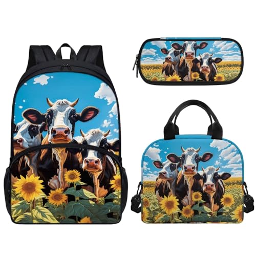 Set 3 in 1 di borse scolastiche per bambini e ragazze zaino a tracolla di grande capacità borsa termica per il pranzo astuccio con cerniera Girasole di mucca