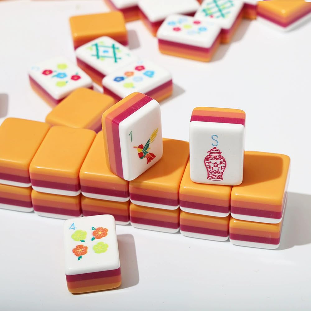 American Mahjong Set 160Pcs, 32mm 4‑Layer Orange‑Red Acrylic Mahjong Tiles, Hand‑Printed Floral Bird Pattern for Home Party Leisure Game