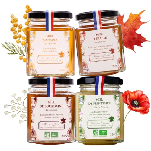 Les Abeilles de Malescot – Assortiment de 4 miels français doux – 4 x 250 g : Érable, Printemps, Bourdaine, Acacia – Miel artisanal naturel – Idéal...