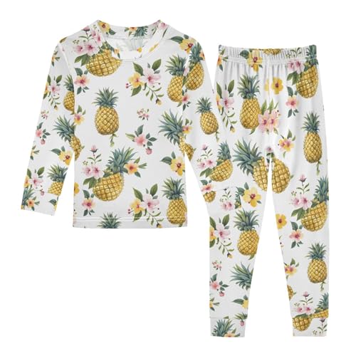 ALAZA White Pineapple Flower Blossom Pajamas Long Sleeve Sleepwear 2-Piece Pajama Set