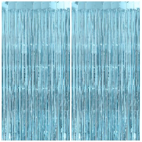 Image of Light Blue Tinsel Backdrop Curtains - Thicken 2 Pack 3.2 x 8.2 FT - Blue Streamers for Birthday, Frozen, Under the Sea, Pool, Beach, Ocean Themed Party Decorations