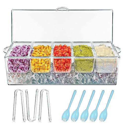 INNOVATIVE LIFE Condiment Server with Ice Tray, Condiment Caddy with 5 Compartments Container, Ice Chilled Party Platter, Bar Garnish Holder on Ice, Condiment Dispenser, Clear