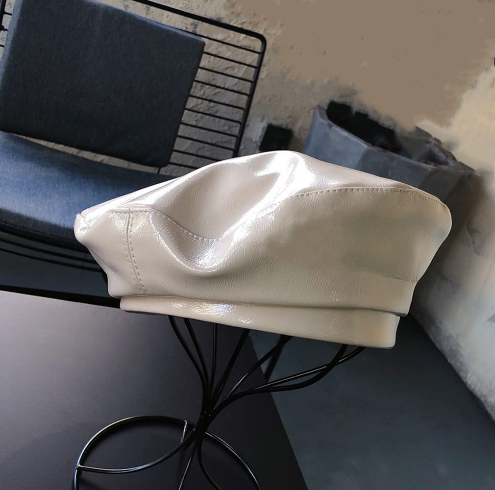 MINGSEECESS Women Pu Leather Beret Beanie Cap French Style Winter Hat with Adjustable Strap White