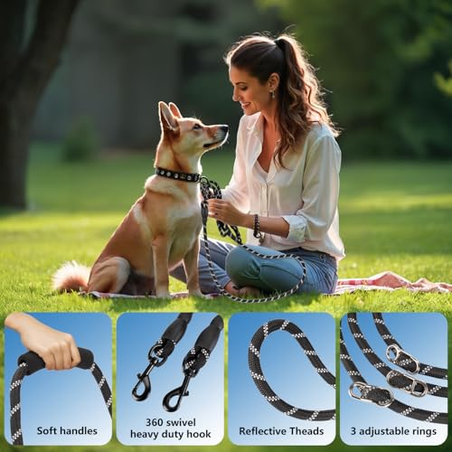 Hundeleine für Große und Mittelgroße Hund(15-60 kg), 3.4m Verstellbare Doppelleine & Freihandleine aus Nylon mit Reflektierend durch die,Extreme Kraft bis 200 kg