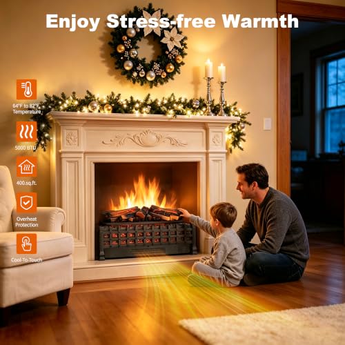 Image of 26 inch Electric Fireplace Log Set, Realistic Resin Logs Insert with 4 Flame Brightness, 1400W Heater with Thermostat & 9H Timer, Remote Control for Indoor Fireplace Decor, CSA Certified