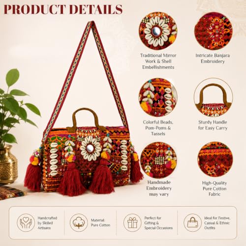 Image of MOMISY Handicraft Handmade Cotton Ethnic Rajasthani Embroidered Banjara Bags for Women Sling Clutch with Handle Purses for Ladies Girls