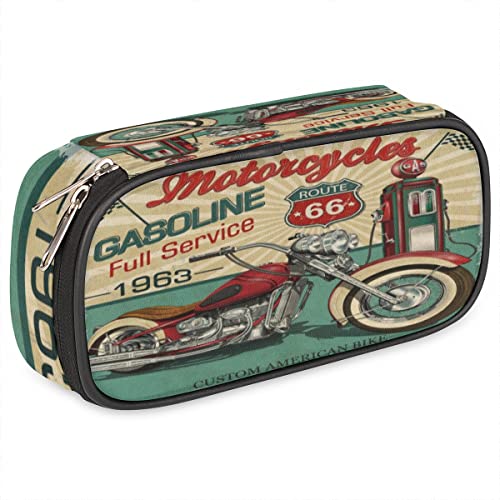 Image of Retro Motorcycle Poster Pencil Case Pen Holder Large Capacity Stationery Organizer Pen Bag with Zipper Pencil Pouch Makeup Brush Bag for Adult Teen Boy Girls Students School College Work Office