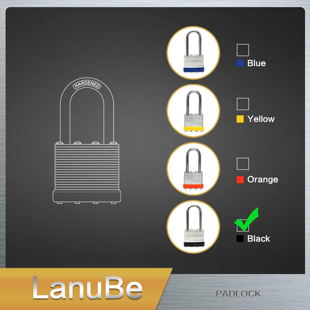 LanuBe Candado laminado con llave (1-9/16 pulgadas, 40 mm), cerraduras con llave igual, grillete largo, aro de plástico negro marcado, paquete de 24