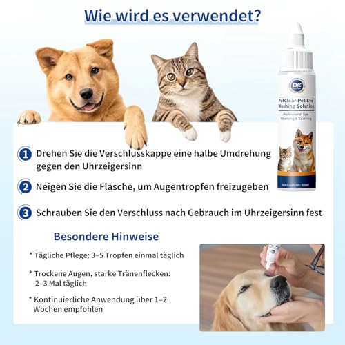 PCpetclear PetClear augentropfen Hunde und Katzen lindern Augenjucken und Reizungen, Symptome und Allergien. Entfernt effektiv Tränenstein. (60ml) (1)
