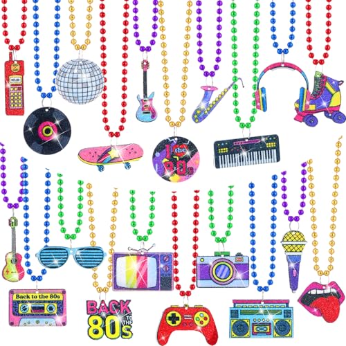 Ecally 100 Pcs 80s Party Supplies Necklaces 80s Theme Disco Party Decorations Retro Neon Colorful Disco Sunglasses Radios Necklace for Rock Music
