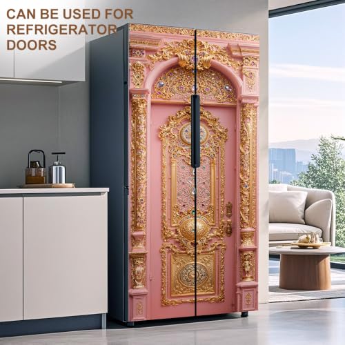 Image of Pink Baroque Door Mural, Ornate Gold Door Cover, 30.3x78.7in