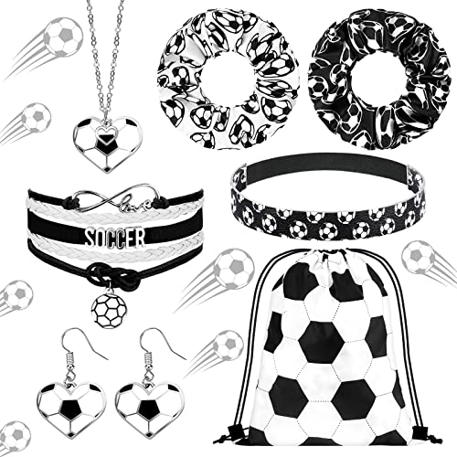 7 Pieces Volleyball Soccer Basketball Accessories Set Gifts for Girls Drawstring Bags Necklace Bracelet Headband Earrings Scrunchies Accessories Set for Girl Sport Party Supplies (Soccer Style)
