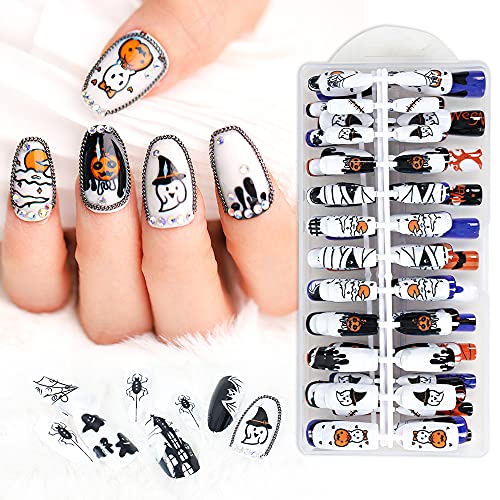 LordHighting 240 Pieces Halloween Party/ Ball Press on False Nails with Design, 12 Sizes Medium and Long Full Cover Gloss Fake Nails for Woman and Girls