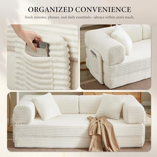 Image of Boneless Couch Futon Sofa Bed Sectional Couches for Living Room,Cloud Couch with Sleeper Sofa,Sofas for Living Room Oversized Corduroy Upholstered (White, 81 Inches (with Iron Frame))