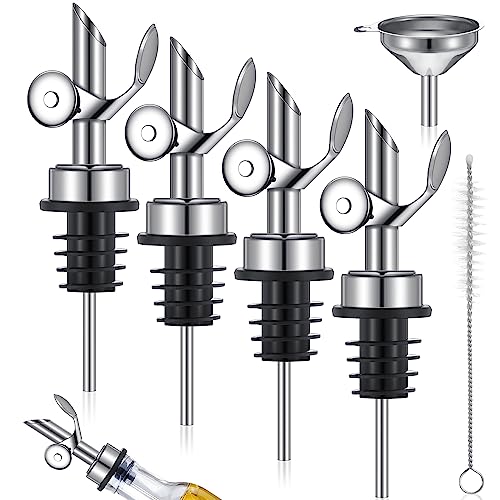 Tioncy 4 Pieces Weighted Stainless Steel Pourers Olive Oil Spout Olive Oil Dispenser Spout Automatic Opening and Closing with Funnel and Brush for Pouring Wine Syrup Kitchen(Silver)
