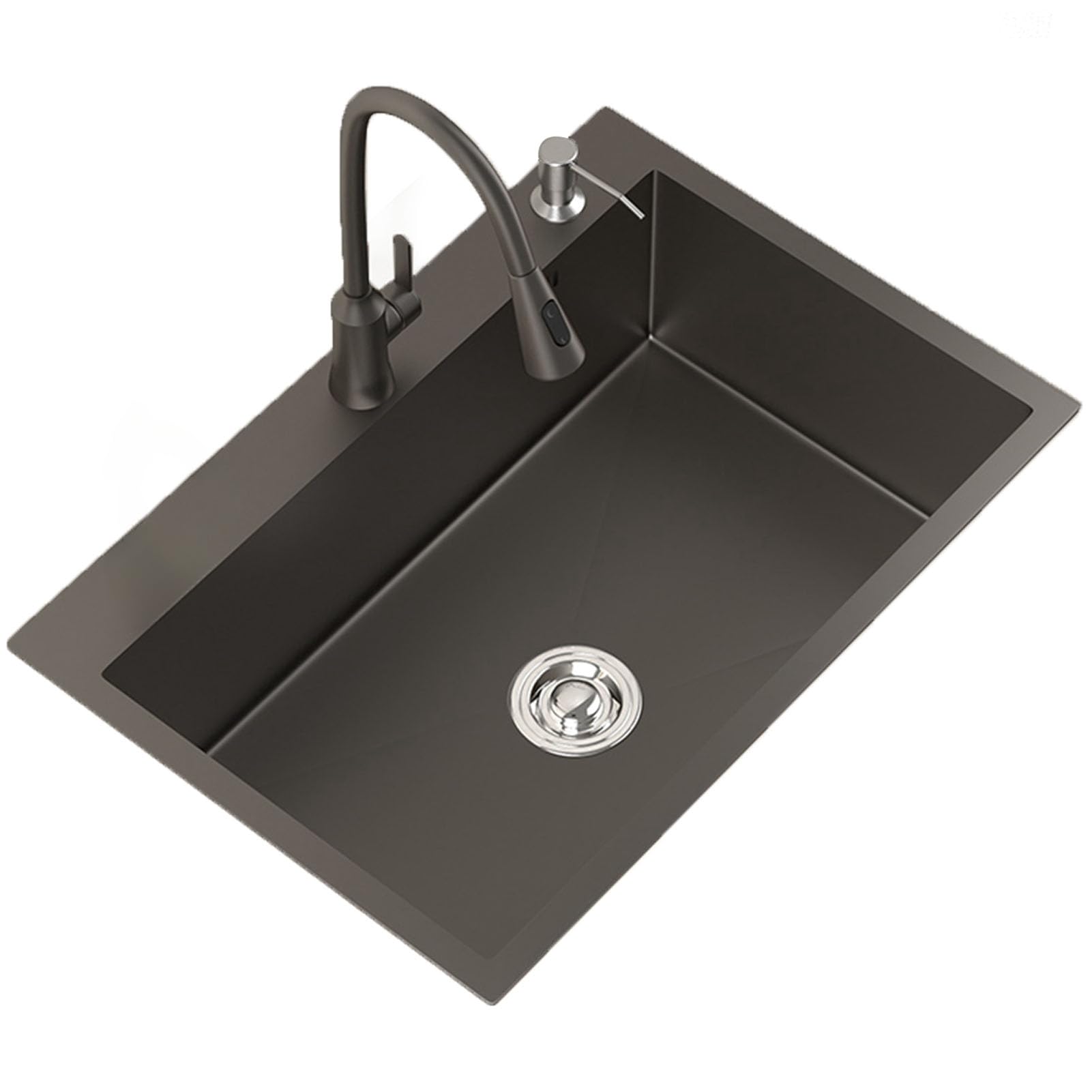 ZQFHSX Stainless Steel Sink, Drop in Kitchen Sinks Single Bowl with Pull-Out Faucet and Adjustable Basket, Overflow Design, Multifunctional Sink for Bar Home (55 * 45cm)