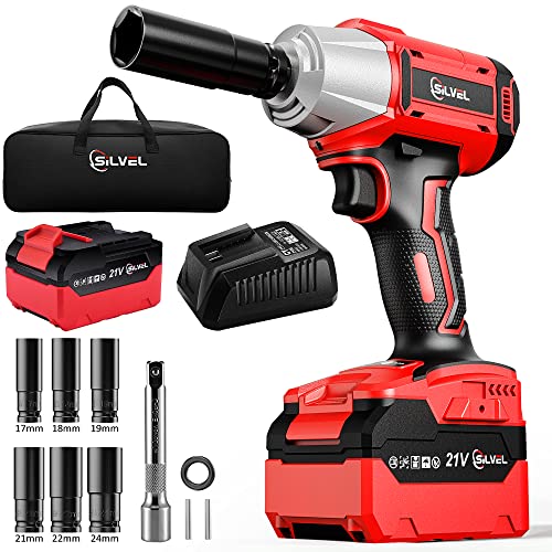 SILVEL 21V Cordless Impact Wrench 1/2 inch, 320 Ft-lbs (400N.m) Max Torque, Brushless Impact Driver with 2.0Ah Li-ion Battery, Charger, 4 Sockets, Extension Bar, Power Impact Gun for Car Home