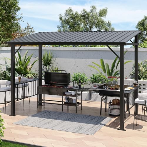 Aoxun 12x6FT Hardtop Gazebo, All-Weather Outdoor BBQ Canopy with Sloping Steel Roof, Grill Gazebo with 2 Side Shelves & Hooks, Permanent Metal Gazebo for Patio, Backyard, Deck