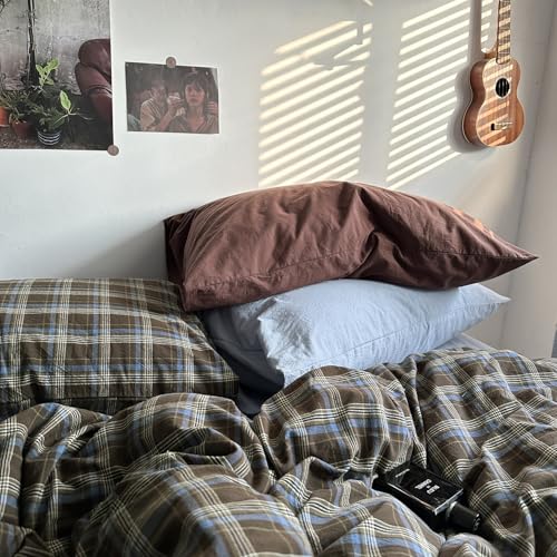 Image of MKXI Full Size Blue, Brown & Green Buffalo Plaid Duvet Cover Set - 3 Piece Vintage Aesthetic Bedding Set, 100% Washed Cotton, Minimalist Design, Soft & Breathable Duvet Cover with Zipper Closure