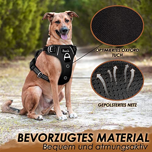 Eyein Hundegeschirr für Große Hunde, Anti Zug Brustgeschirr mit 2 Leinenclips und leicht zu bedienendem Griff, Verstellbare und reflektierende Gepolstert Geschirr für tägliches Training (Schwarz, L)