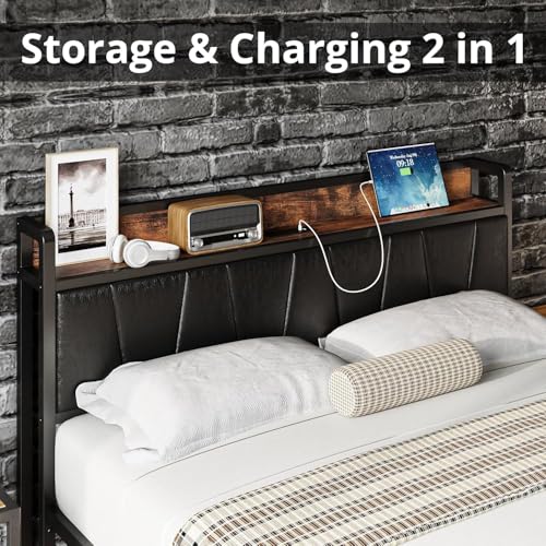 Image of LIKIMIO Full Size Bed Frame with 2 Drawers and Charging Station | Platform Bed with Upholstered Storage Headboard, No Box Spring Needed, Easy Assembly, Sturdy, Industrial Brown and Black