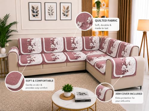 Image of Printed 7 Seater L-Shape Sofa Cover with Arm Covers, Quilted Texture, Sectional Couch Protector for Living Room-Pack of 15 (Pink Bloom)