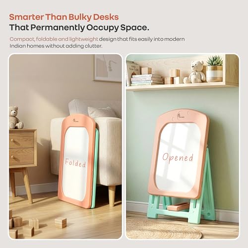 Image of R for Rabbit Little Genius Doodle Whiteboard for Kids Drawing Activity Board Rounded Corner Design Foldable 7-Level Adjustable Height & Handy Storage Tray for 3-7 Years Kids (Peach Green)