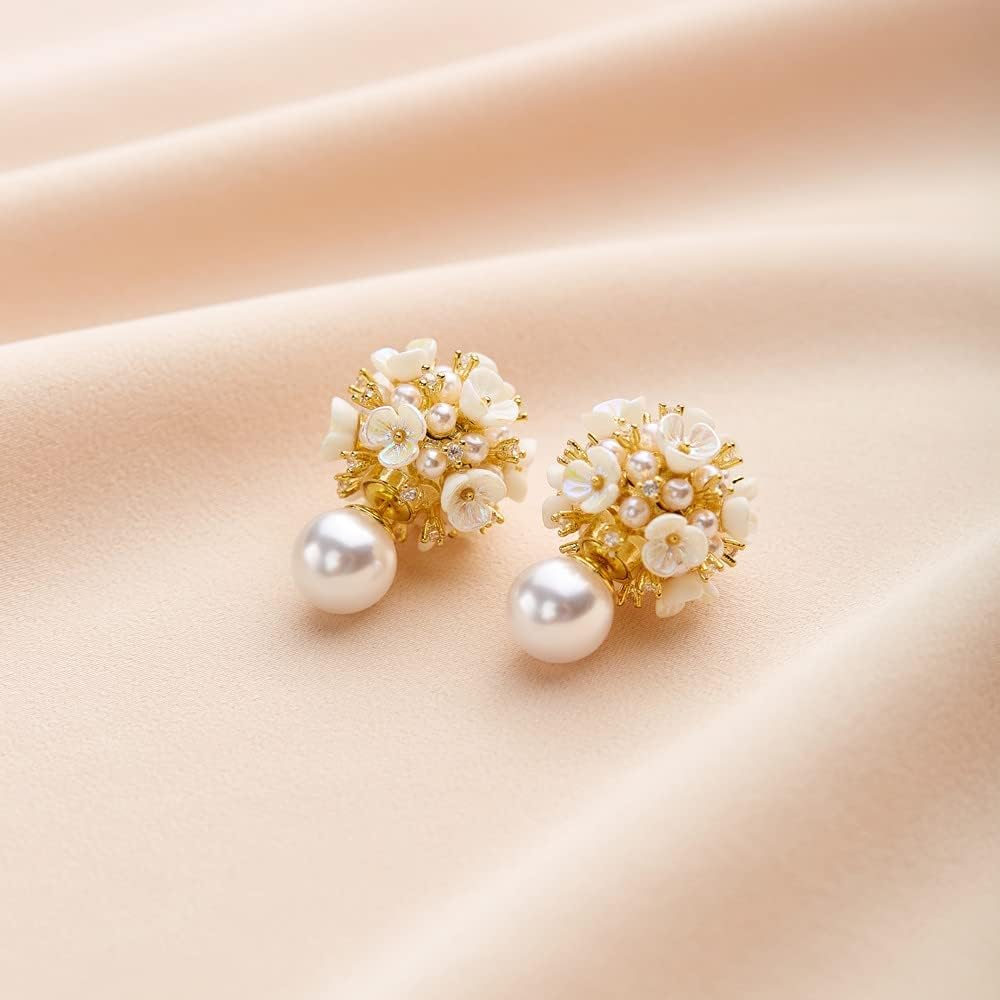 Numgug Shell Flower Pearl Earrings Ball Pearl Double Sided Stud Front Back Earrings for Women Girls 14k Gold Plated Inlaid Created Zircon Pearl Stud - Image 2