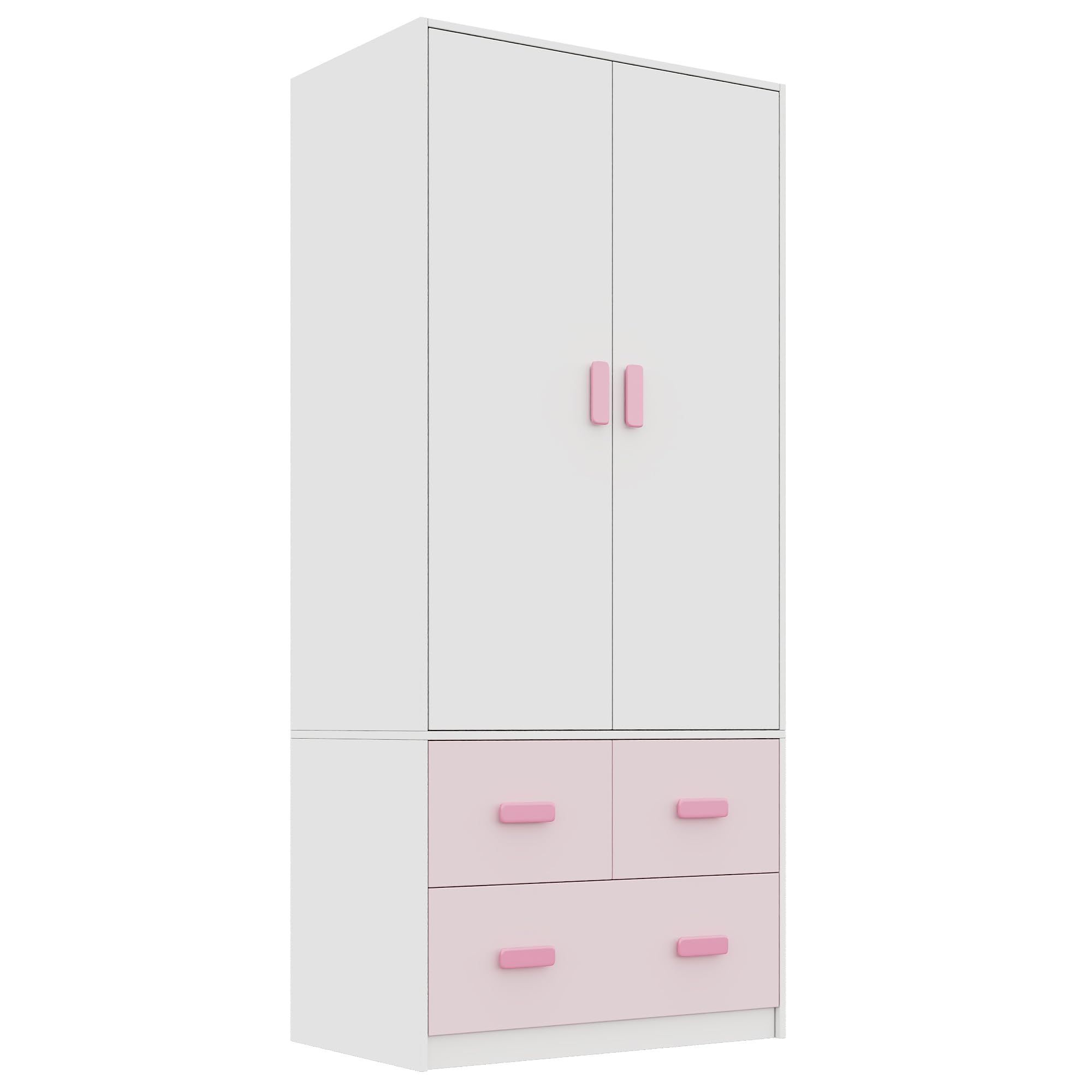Armario infantil de 2 puertas, mueble de dormitorio, con barra colgante y 3 cajones, bicolor blanco y rosa, 80×48×180 cm