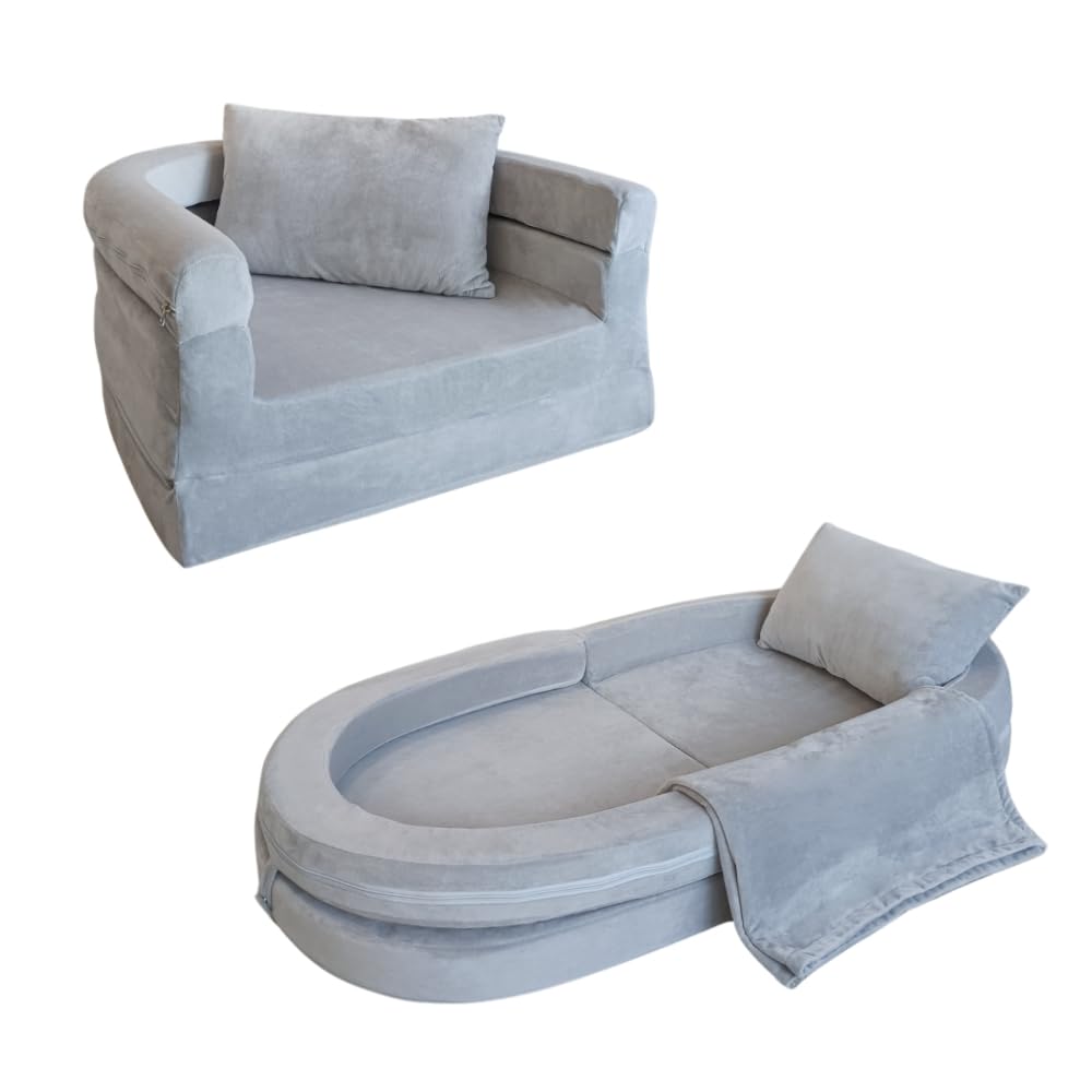Divano in Schiuma per Bambini con Coperta & Cuscino, Divano Convertibile 3-in-1 Preassemblato per Piccoli, Poltrona Pieghevole da Interno & Letto da Pavimento Apribile per Ragazzi & Ragazze (Grigio)