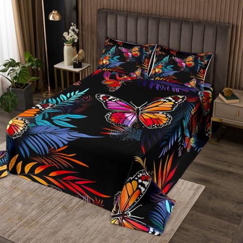Erosebridal Butterflies Quilted Palm Leaves Bedspread King Size, Dreamy Orange Butterfly Coverlet Set Botanical Weed Quilt Set for Boys Girls Child, Animal Rural Pastoral Style Bedroom Decor