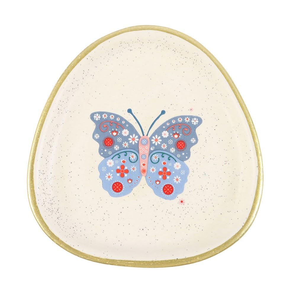Floral Butterfly Trinket Dish – Playful Blue Butterfly Design – Organic Shape with Speckled Ceramic Finish – Elegant Gold Edging – Perfect for Jewelry, Keys, and Small Keepsakes
