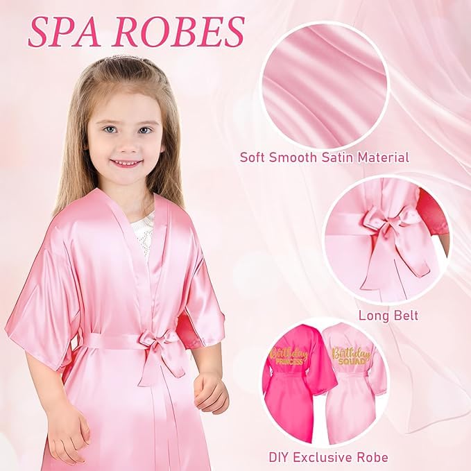 MALLOOM Lot de 7 Peignoir kimono pour fille Robe de Bain en Satin pour Enfant Avec ceinture Pour spa, mariage, fête (rose)