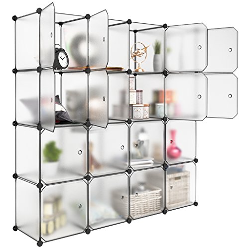 LANGRIA 16 Storage Cube Organizer Plastic Cubby Shelving Drawer Unit, DIY Modular Bookcase Closet System Cabinet with Translucent Design for Clothes, Shoes, Toys (White)