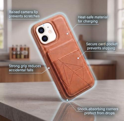 Image of amazon basics Premium Vegan Leather Back Cover with Card Holder and Integrated Mobile Stand for iPhone 12 - Slim Shockproof Wallet Case with Geometric Stitching [Tan]