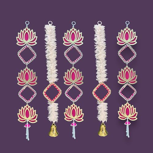 Image of Rajasthan Kraft MDF Lotus Flower Hanging with Gajra Set of 5, 22 Inches, Pink & White, Used for Home Decor, Festive Decorations, Wedding & Event Decor