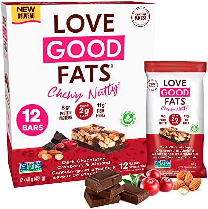 Love Good Fats Plant-Based Keto Protein Snack Bars - Chewy Nutty Dark Chocolate Cranberry and Almond - 12g Good Fats, 8g Protein, 5g Net Carbs, 2g Sugar, Gluten-Free, Non GMO - Dark Chocolatey Cranberry & Almond, 12 Pack