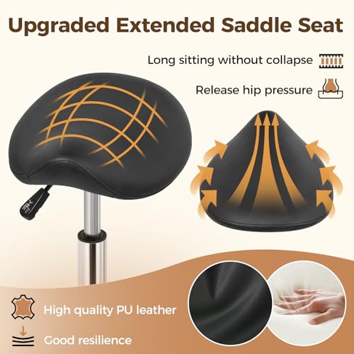 Image of BEWISHOME Ergonomic Saddle Stool, Height-Adjustable Rolling 360 Swivel Saddle Chair with Thickened Saddle Seat Padding, Saddle Stool with Wheels for Salons, Spas, Office, Black BMD02B